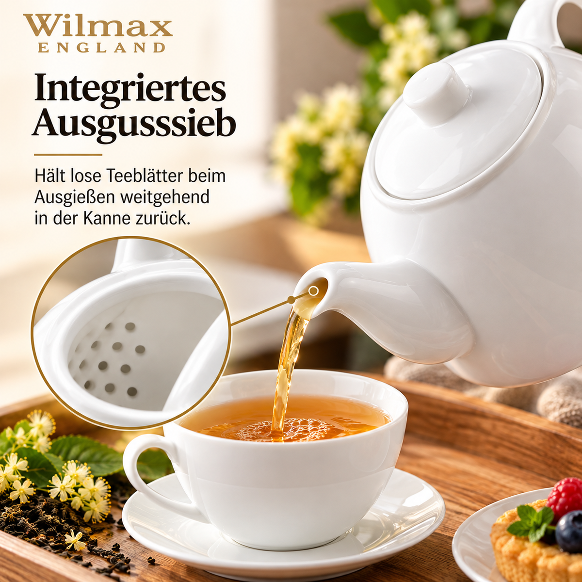 Wilmax Kaffee- und Teekanne mit Ausgusssieb 900 ml Weiß Porzellan – Anwendungs- oder Detailansicht; Lieferumfang: 1 Stück