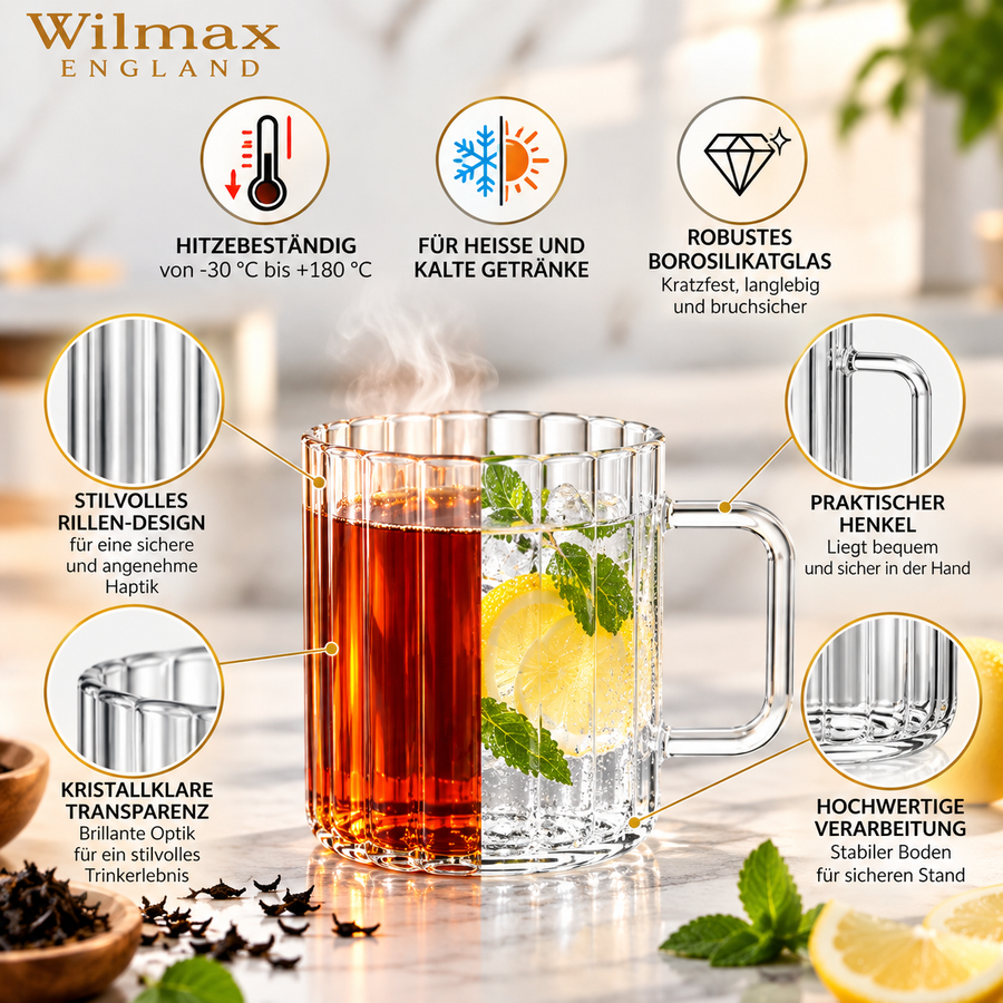 Wilmax Hitzebeständige Glastasse mit Henkel 250 ml 6er-Set Glas – Anwendungs- oder Detailansicht; Lieferumfang: 6 Stück