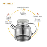 Wilmax Teekanne 1200 ml mit Federfilter und mit Edelstahldeckel Grau Thermoglas – Anwendungs- oder Detailansicht; Lieferumfang: 1 Stück