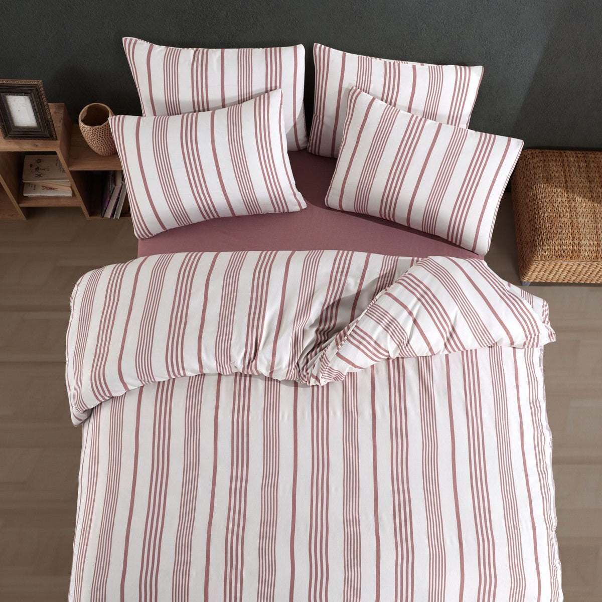 Bettwäsche Set Weiß Rosa Gestreift aus 100% Baumwolle Ranforce mit Spannbettlaken