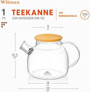 Wilmax Teekanne 1200 ml mit Bambusdeckel Transparent Thermoglas – Anwendungs- oder Detailansicht; Lieferumfang: 1 Stück