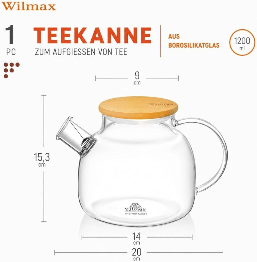 Wilmax Teekanne 1200 ml mit Bambusdeckel Transparent Thermoglas – Anwendungs- oder Detailansicht; Lieferumfang: 1 Stück