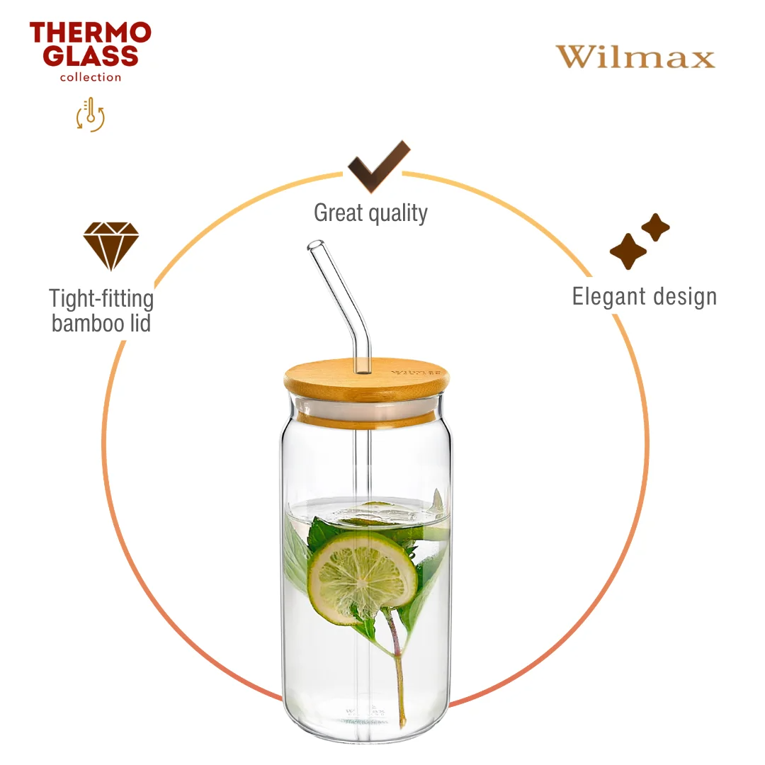 Wilmax Glasbecher 500 ml mit Deckel und Trinkhalm Transparent – Anwendungs- oder Detailansicht; Lieferumfang: 1 Stück
