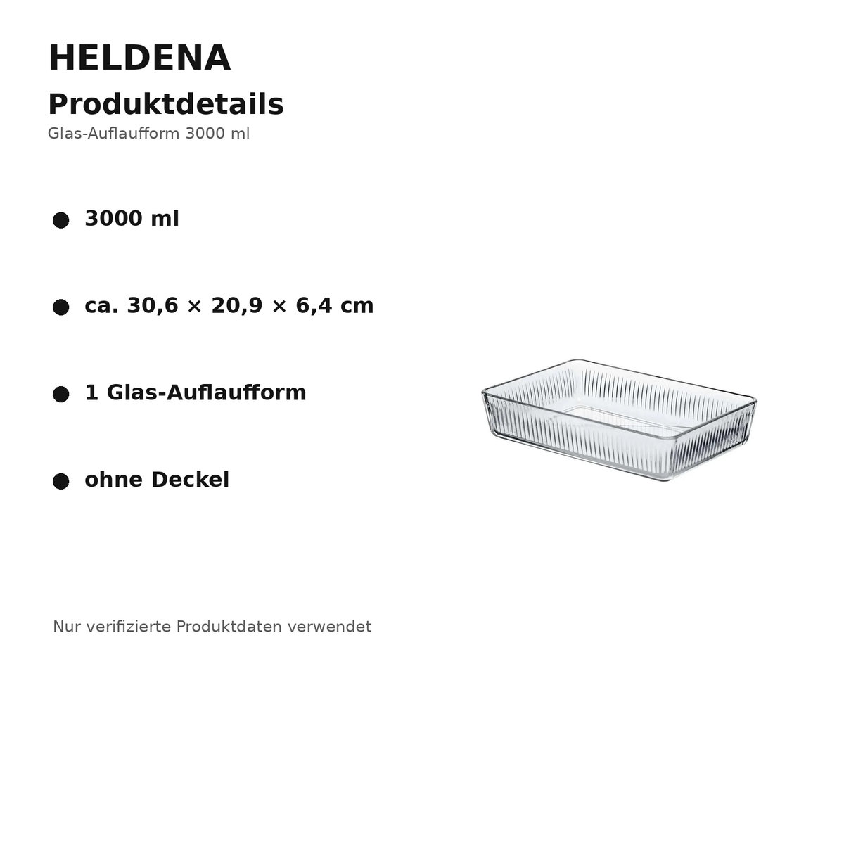 HELDENA Glas-Auflaufform 3000 ml – Detailgrafik mit Produktmerkmalen