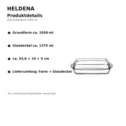 HELDENA Glas-Auflaufform 1950 ml – Detailgrafik mit Produktmerkmalen