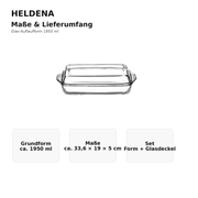 HELDENA Glas-Auflaufform 1950 ml – Maße und Glasdeckel im Lieferumfang