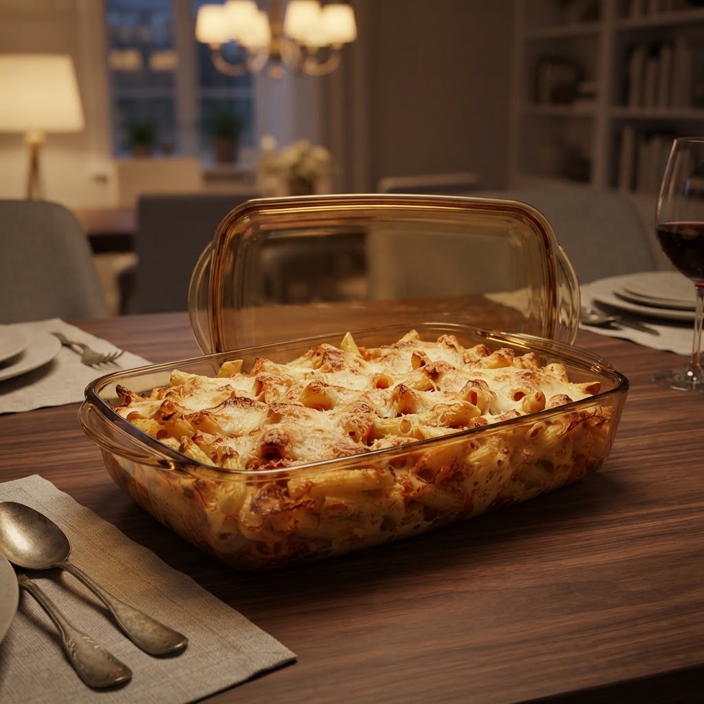 HELDENA Glas-Auflaufform 2750 ml mit Glasdeckel – warme Abendszene