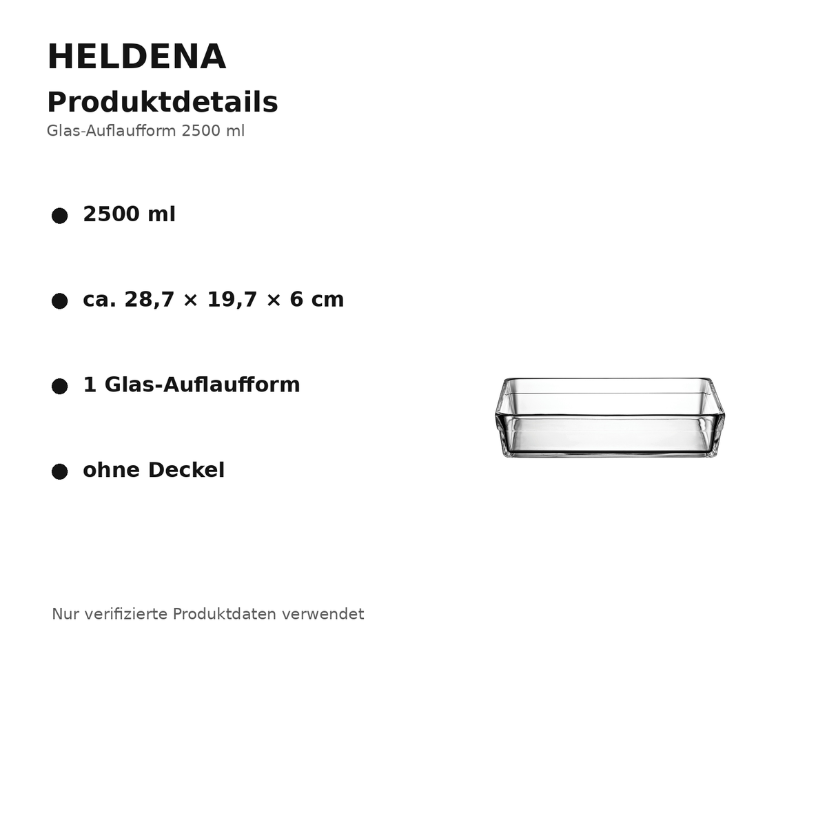 HELDENA Glas-Auflaufform 2500 ml – Detailgrafik mit Produktmerkmalen