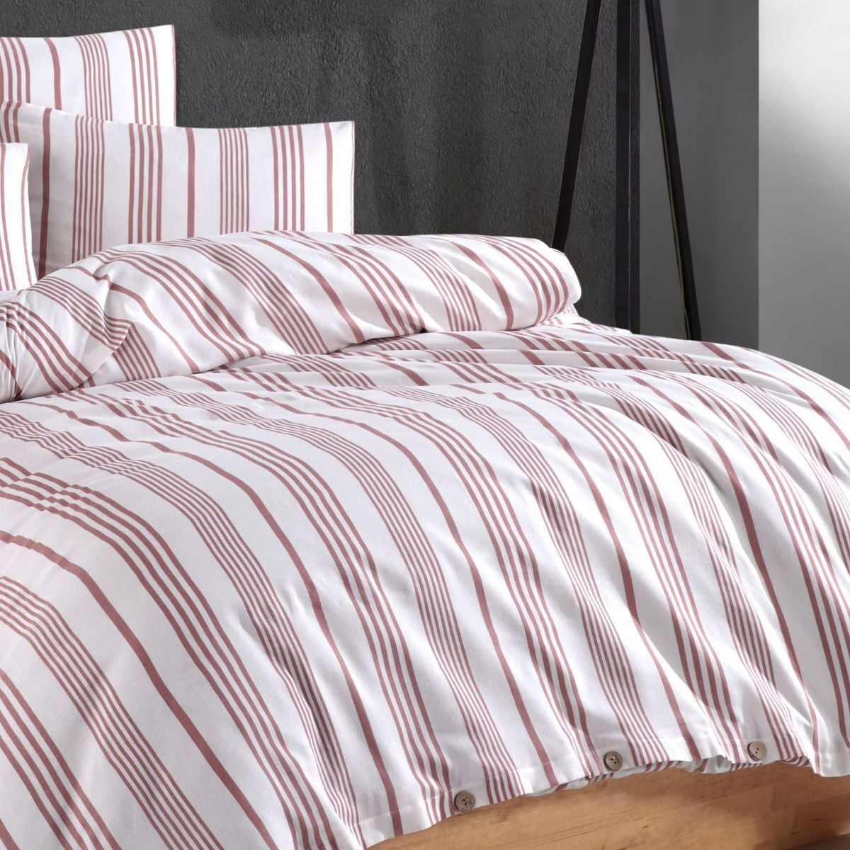 Bettwäsche Set Weiß Rosa Gestreift aus 100% Baumwolle Ranforce mit Spannbettlaken