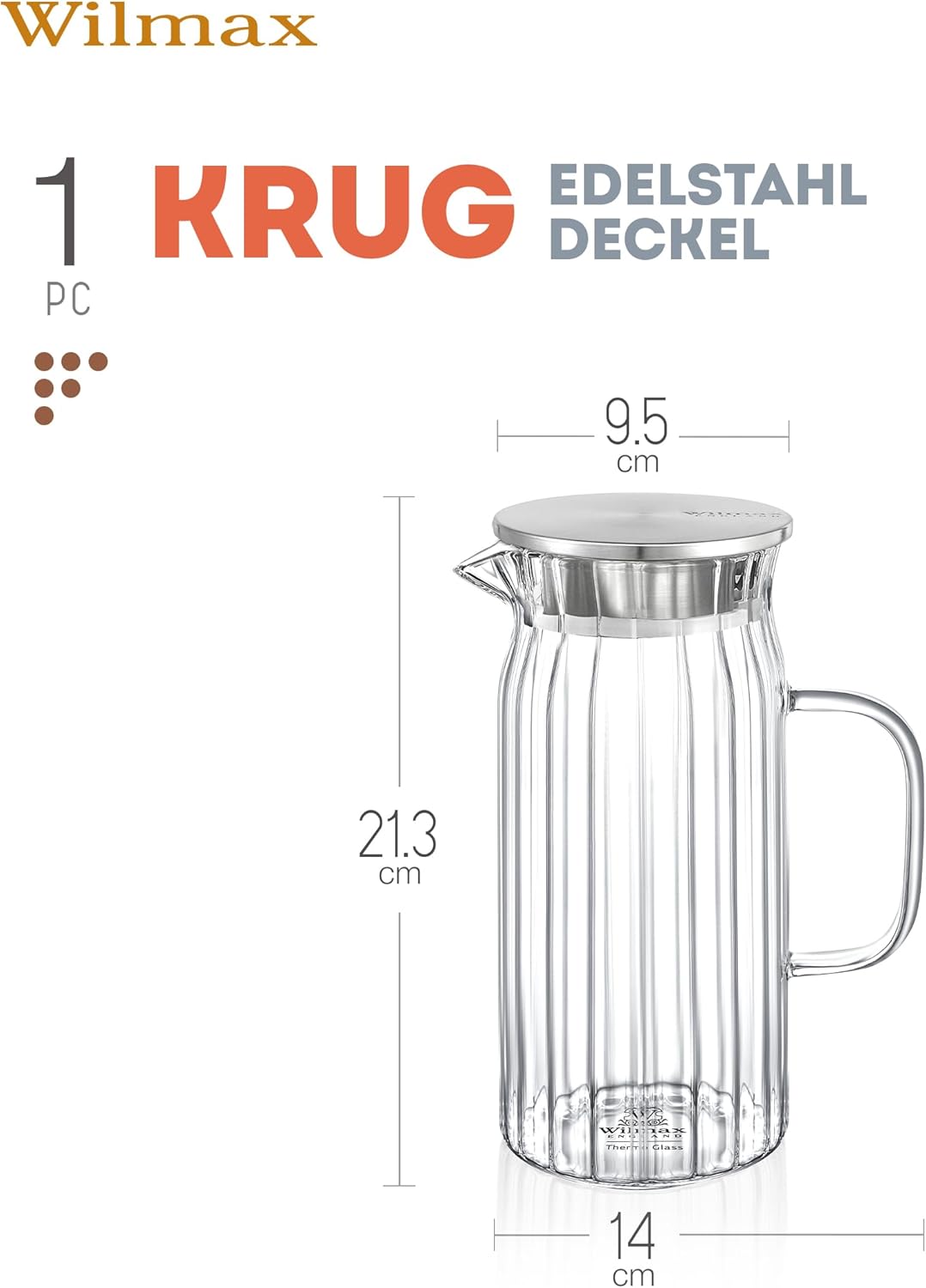 Wilmax Krug 1000 ml mit Edelstahldeckel Transparent Thermoglas – Anwendungs- oder Detailansicht; Lieferumfang: 1 Stück