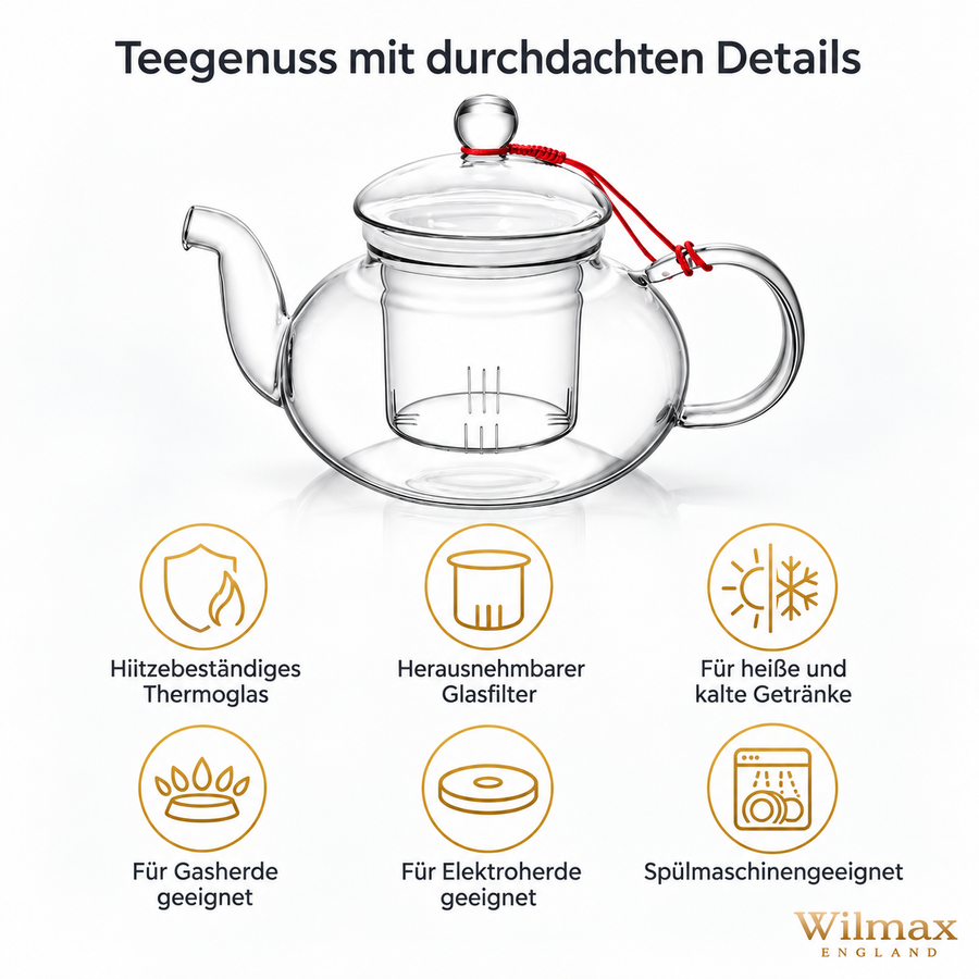 Wilmax Teekanne 1550 ml mit Glasfilter Transparent Thermoglas – Anwendungs- oder Detailansicht; Lieferumfang: 1 Stück