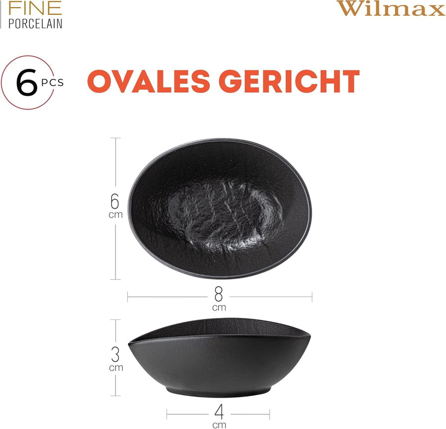 Wilmax Ovale Schale 8 × 6 × 3 cm 6er-Set Schwarz Porzellan – Anwendungs- oder Detailansicht; Lieferumfang: 6 Stück
