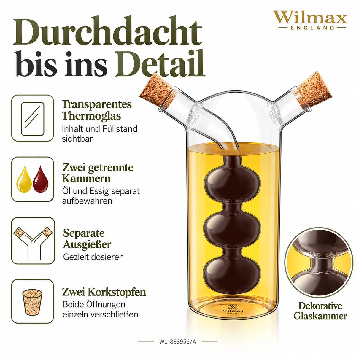 Wilmax Öl- und Essigflasche 300/60 ml Transparent Glas – Anwendungs- oder Detailansicht; Lieferumfang: 1 Stück