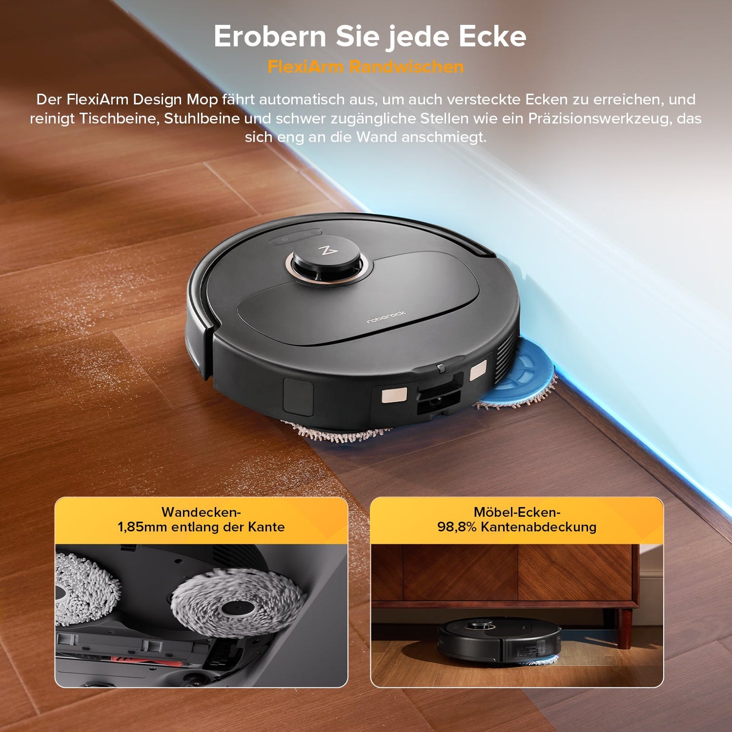Roborock Qrevo S5V in Schwarz wischt mit FlexiArm-Mopp bis in die Raumecken
