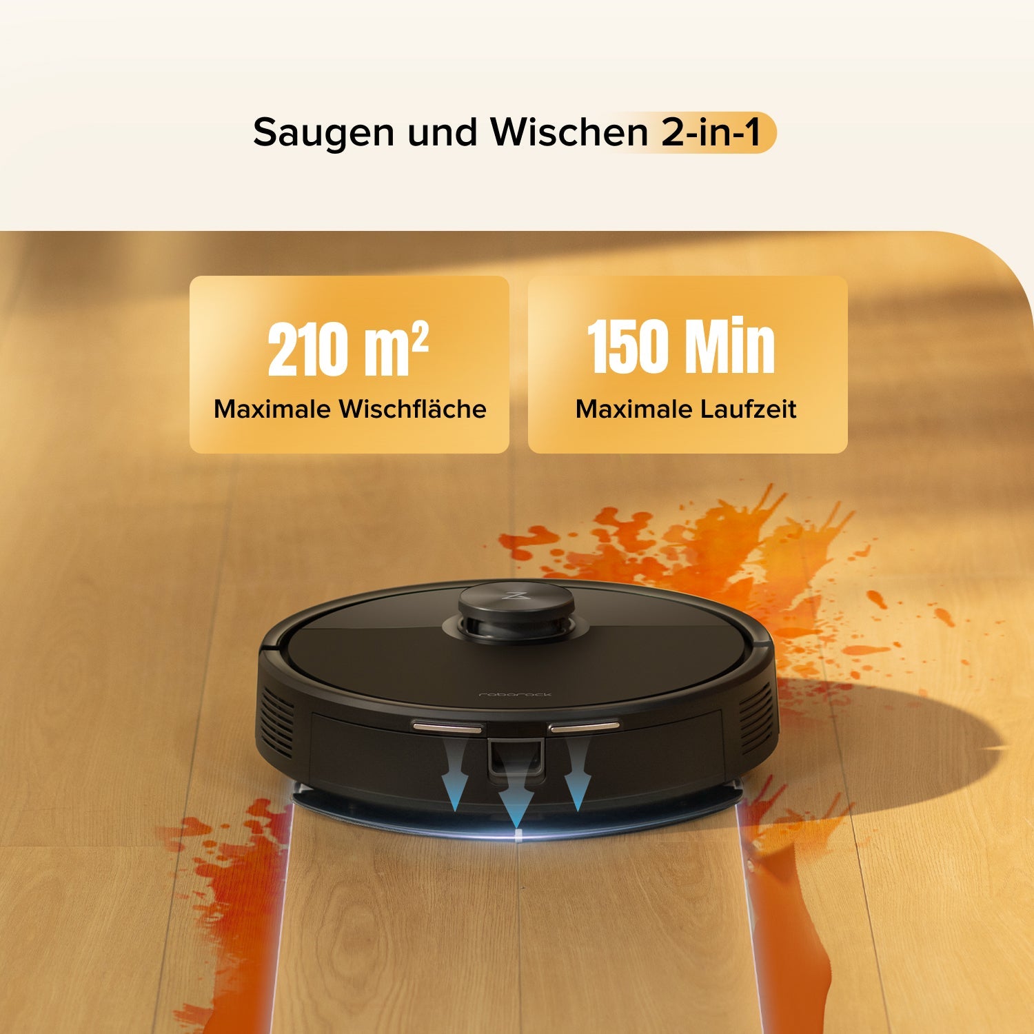 Q7 M5 Moppmodul drei Wasserflussstufen auf Fliesenboden Nahaufnahme