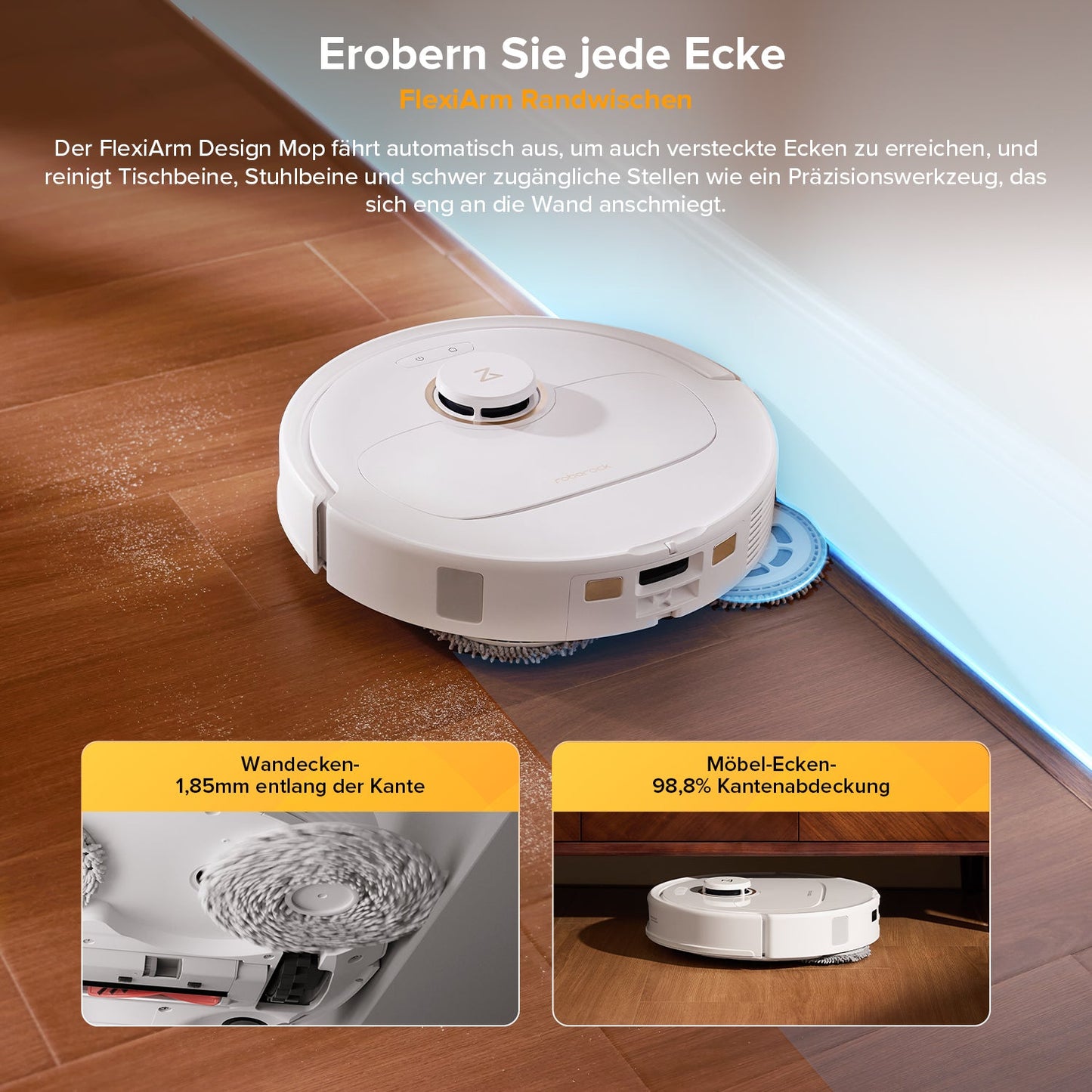 Roborock Qrevo S5V in Weiß wischt mit FlexiArm-Mopp bis in die Raumecken