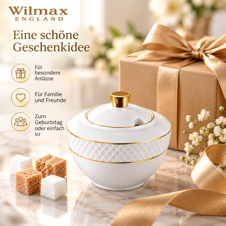 Wilmax Zuckerdose 340 ml Weiß mit Golddekor Porzellan – Anwendungs- oder Detailansicht; Lieferumfang: 1 Stück