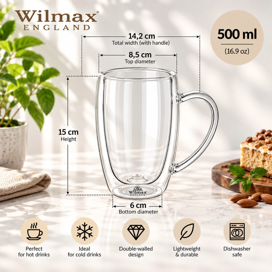 Wilmax Doppelwandiger Thermobecher 500 ml 6er-Set Transparent – Anwendungs- oder Detailansicht; Lieferumfang: 6 Stück