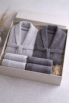 HELDENA Premium Bademantel & Handtuch Set Grau-Anthrazit – 6-teilig Jacquard
