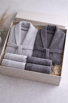 HELDENA Premium Bademantel & Handtuch Set Grau-Anthrazit – 6-teilig 100% Baumwolle Jacquard