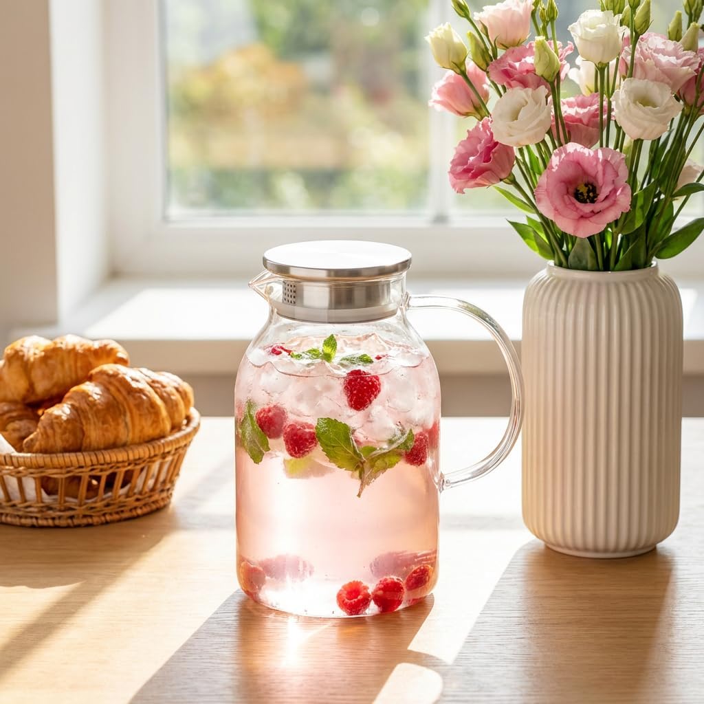 Wilmax Krug 2100 ml mit Edelstahldeckel und Filter Transparent Thermoglas – Anwendungs- oder Detailansicht; Lieferumfang: 1 Stück