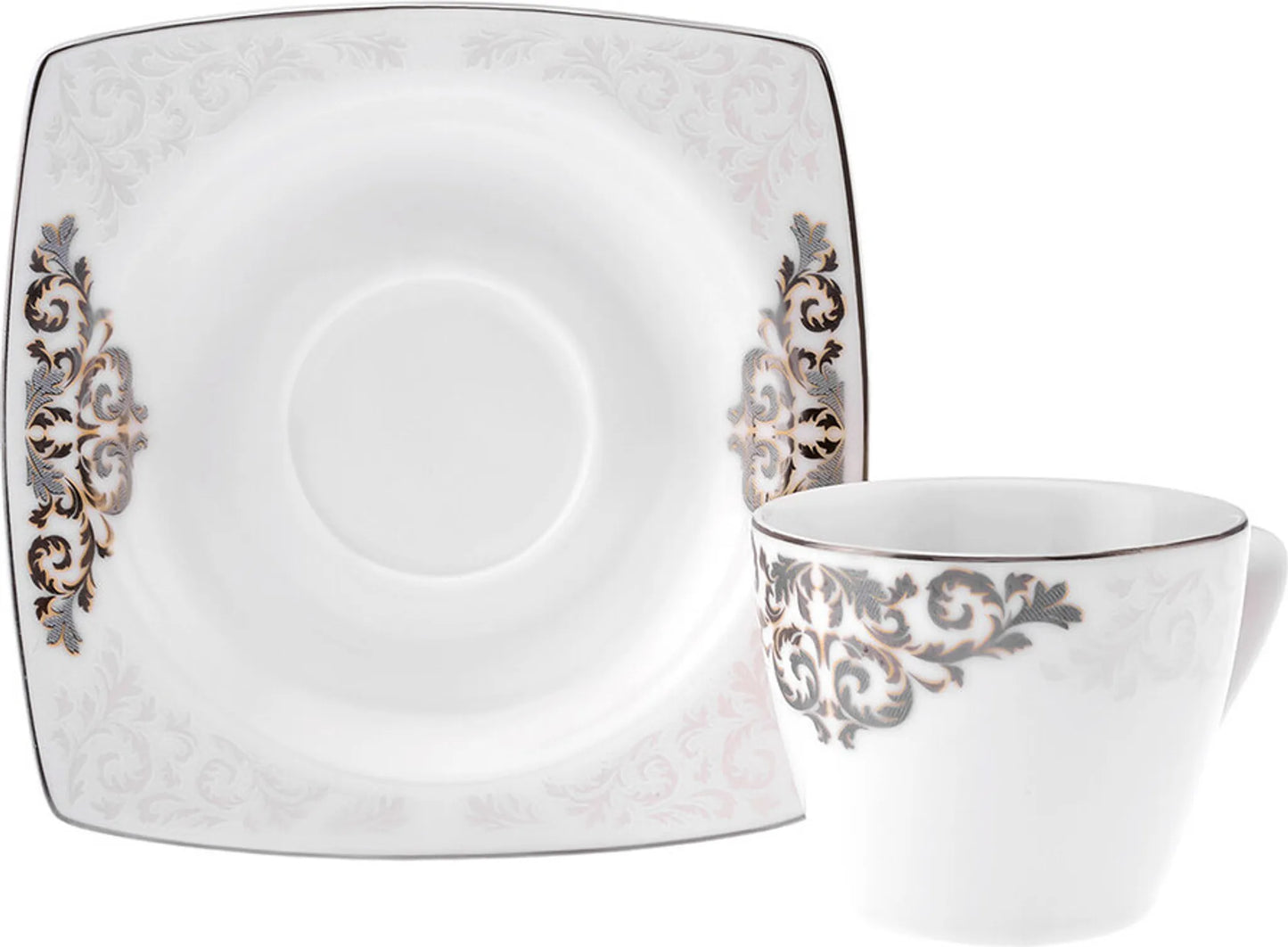 Karaca Nazende Kaffeetasse weißes Porzellan florales Silber-Gold Muster