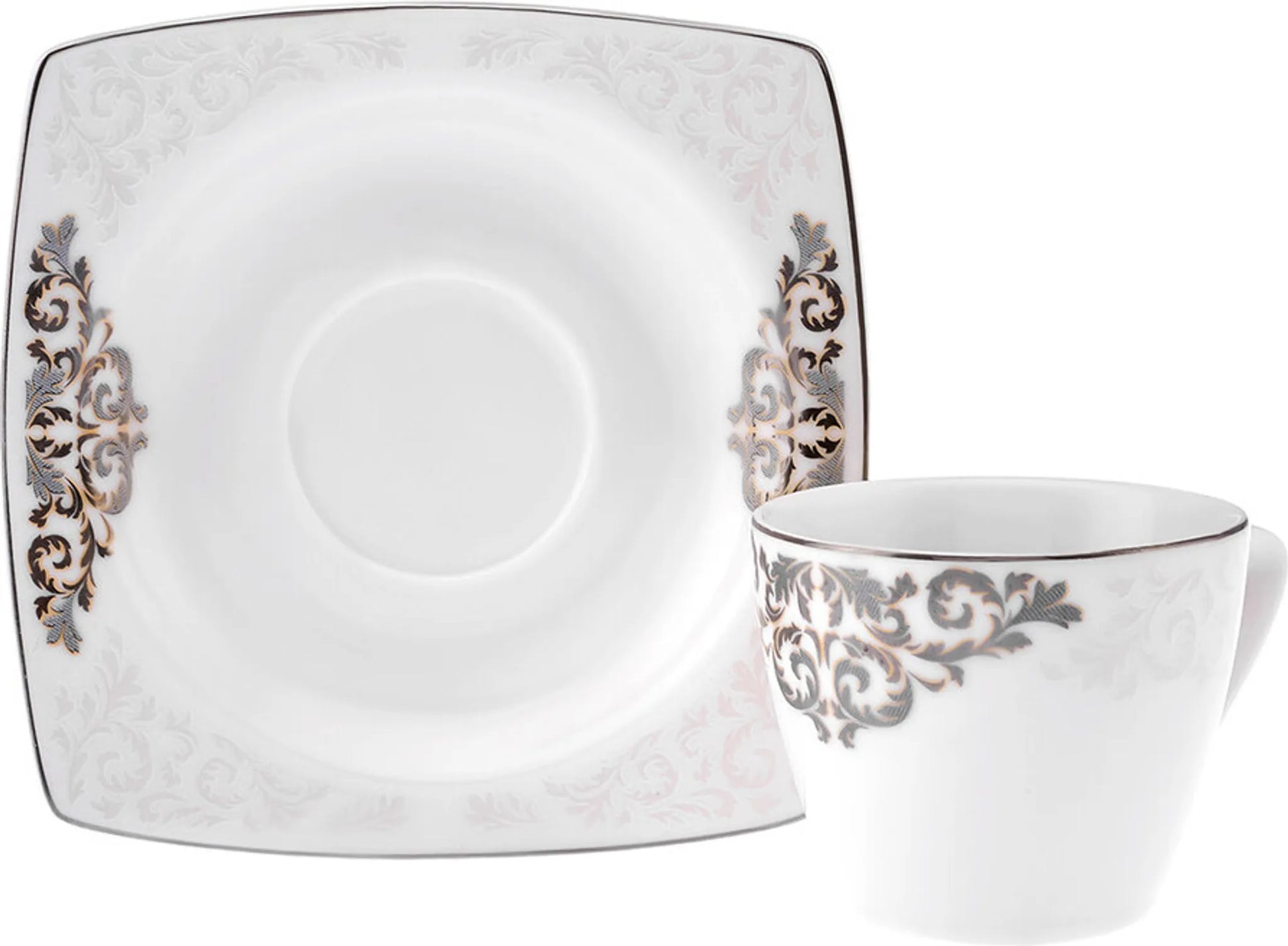 Karaca Nazende Kaffeetasse weißes Porzellan florales Silber-Gold Muster