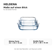 HELDENA quadratische Glas-Auflaufformen – Maße der kleinen und großen Form