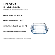 HELDENA quadratische Glas-Auflaufformen – Detailgrafik mit technischen Produktangaben