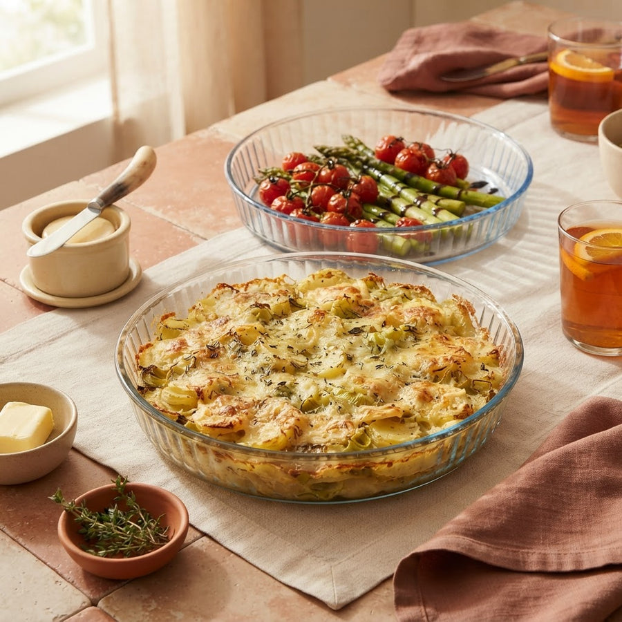 HELDENA runde Glas-Auflaufformen 2er Set – gedeckter Brunch-Tisch