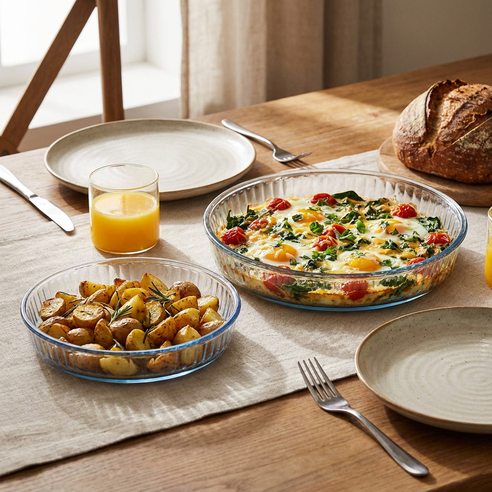 HELDENA runde Glas-Auflaufformen 2er Set – auf gedecktem Brunch-Tisch