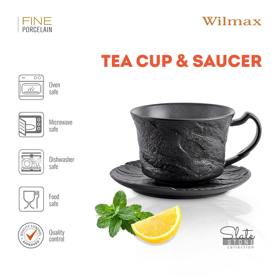 Wilmax Tasse mit Untertasse 250 ml 2er-Set Schwarz Porzellan – Anwendungs- oder Detailansicht; Lieferumfang: 2 Tassen mit 2 Untertassen