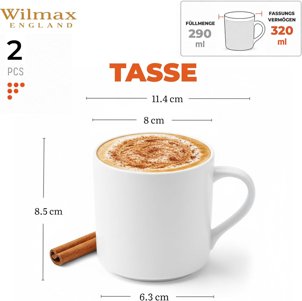 Wilmax Becher 320 ml 4er-Set Weiß Porzellan – Anwendungs- oder Detailansicht; Lieferumfang: 4 Stück