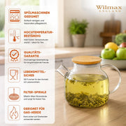 Wilmax Teekanne 950 ml mit Federfilter und Bambusdeckel Transparent Thermoglas – Anwendungs- oder Detailansicht; Lieferumfang: 1 Stück