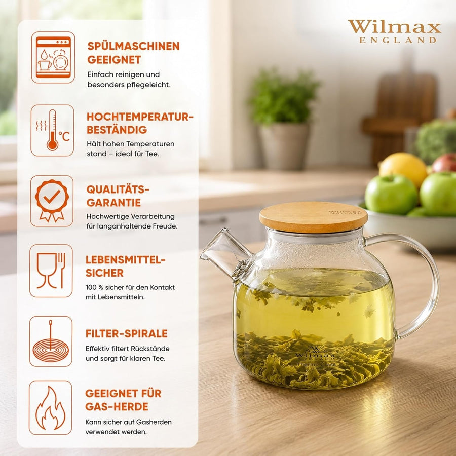 Wilmax Teekanne 950 ml mit Federfilter und Bambusdeckel Transparent Thermoglas – Anwendungs- oder Detailansicht; Lieferumfang: 1 Stück