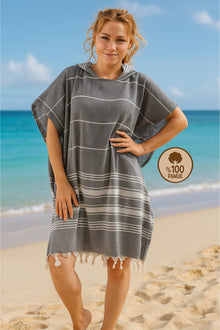 HELDENA Poncho Bademantel Grau aus 100% Baumwolle Peshtemal S/M für Bad und Strand