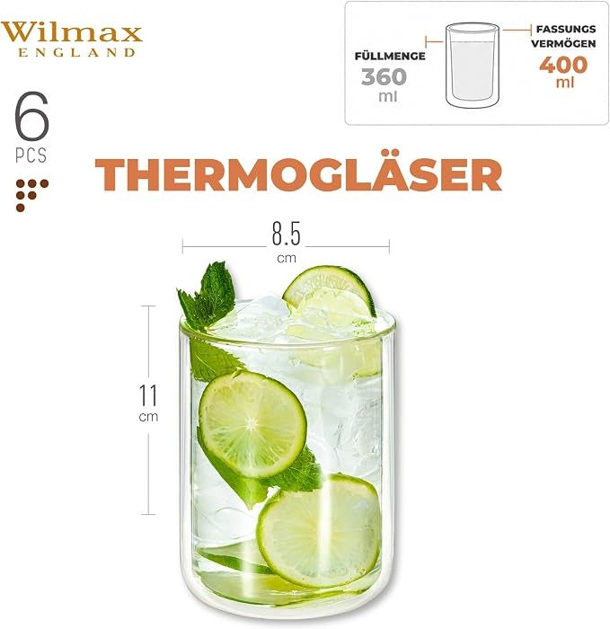 Wilmax Doppelwandiges Thermoglas 400 ml 6er-Set Transparent – Anwendungs- oder Detailansicht; Lieferumfang: 6 Stück