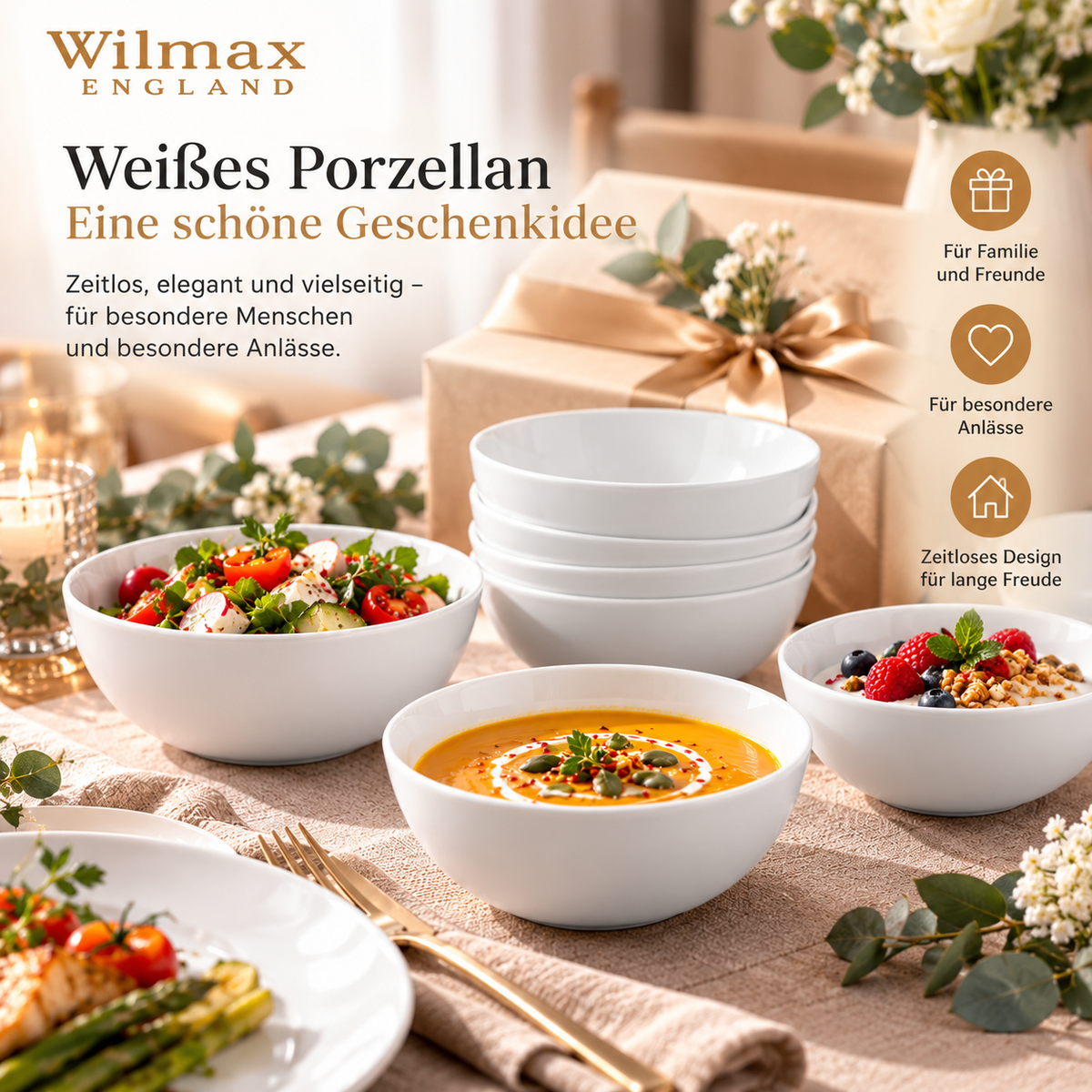 Wilmax Schale 14 cm 600 ml 6er-Set Weiß Porzellan – Anwendungs- oder Detailansicht; Lieferumfang: 6 Stück