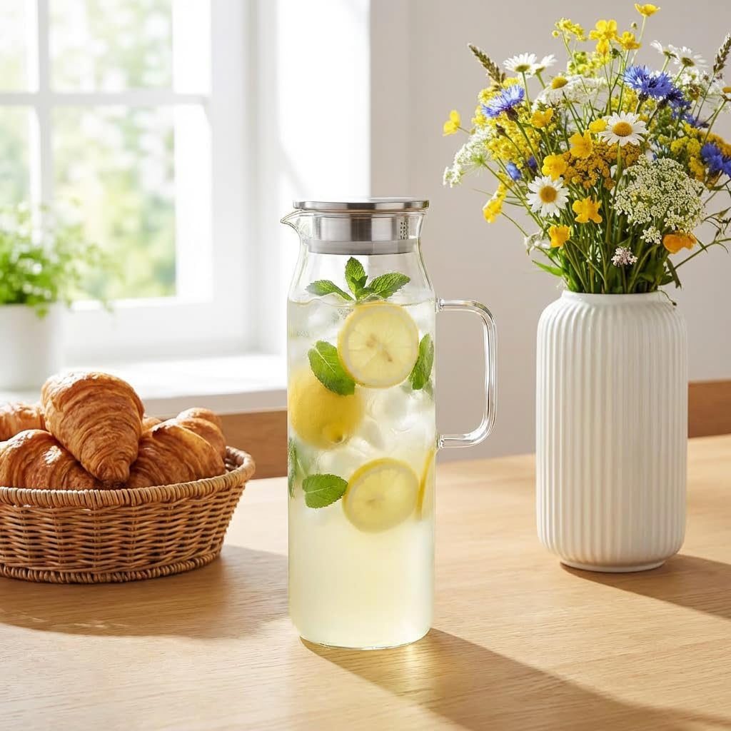 Wilmax Krug 1500 ml mit Edelstahldeckel und Filter Transparent Thermoglas – Anwendungs- oder Detailansicht; Lieferumfang: 1 Stück