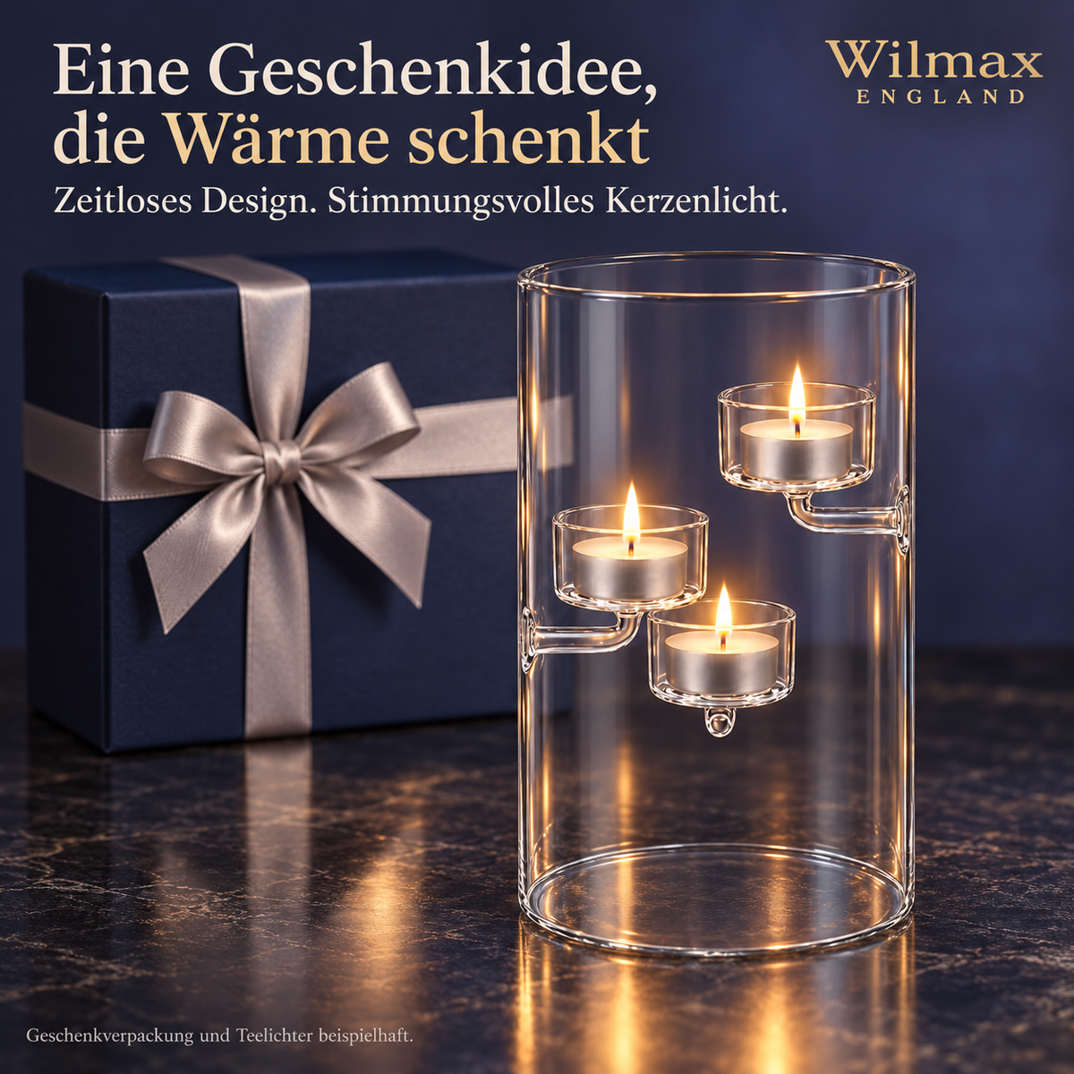 Wilmax Teelichthalter für 3 Teelichter 20 cm Transparent Glas – Anwendungs- oder Detailansicht; Lieferumfang: 1 Stück