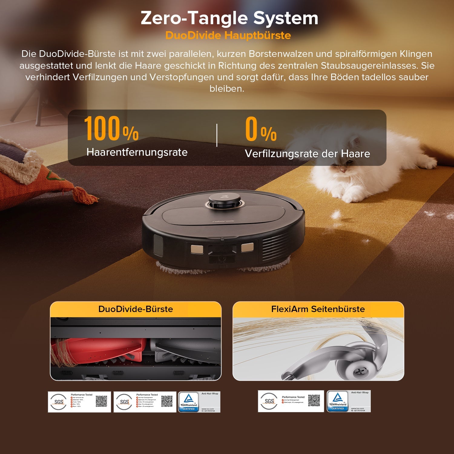 Zero-Tangle-DuoDivide-Bürste des schwarzen Qrevo S5V entfernt Tierhaare ohne Verheddern