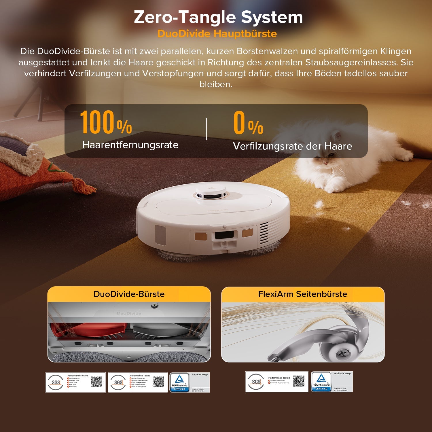 Zero-Tangle-DuoDivide-Bürste des weißen Qrevo S5V entfernt Tierhaare ohne Verheddern