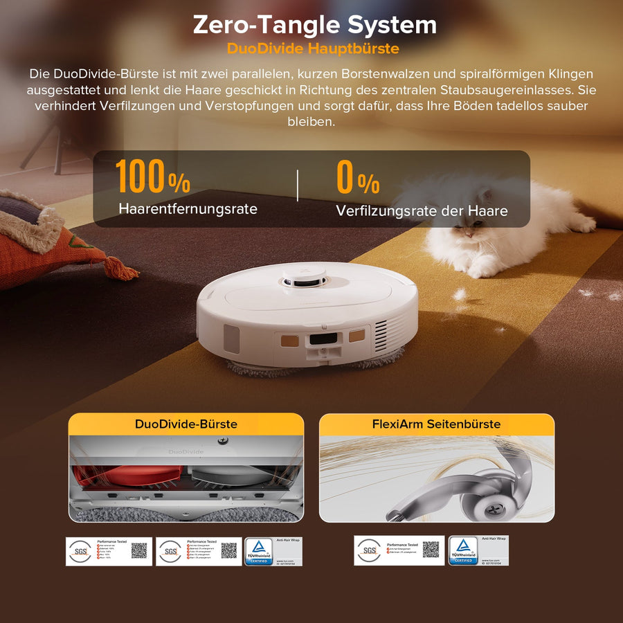 Zero-Tangle-DuoDivide-Bürste des weißen Qrevo S5V entfernt Tierhaare ohne Verheddern