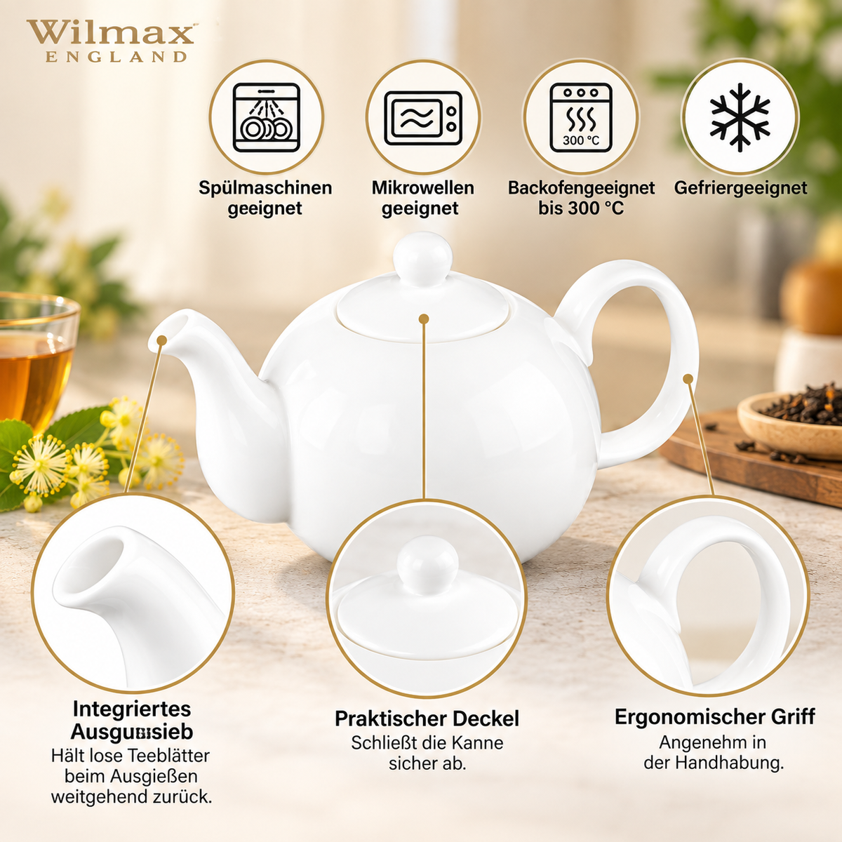 Wilmax Kaffee- und Teekanne mit Ausgusssieb 1100 ml Weiß Porzellan – Anwendungs- oder Detailansicht; Lieferumfang: 1 Stück