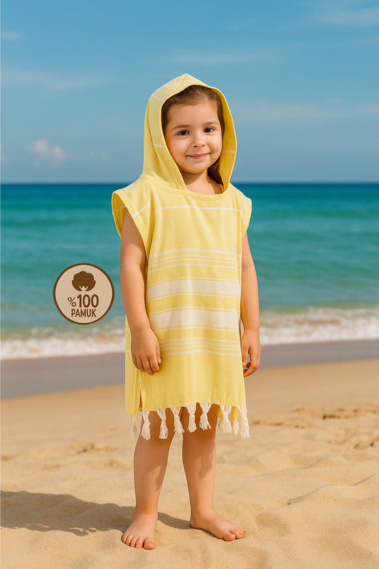 Gelber HELDENA Kinder Poncho Bademantel 5/6 Jahre aus Baumwolle für Pool und Strand