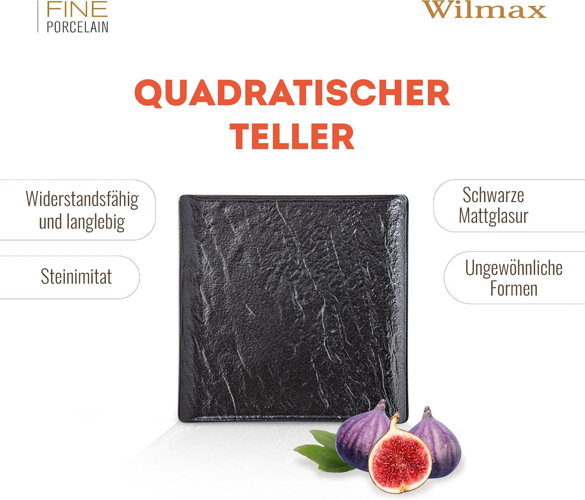 Wilmax Quadratische Servierplatte 27 × 27 cm 2er-Set Schwarz Porzellan – Anwendungs- oder Detailansicht; Lieferumfang: 2 Stück