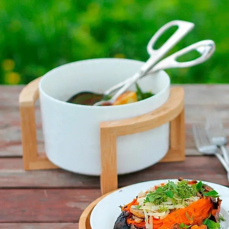 Wilmax Servierset 2-teilig mit Schüssel 20 cm mit Bambusständer Weiß Porzellan – Anwendungs- oder Detailansicht; Lieferumfang: 1 Schüssel + 1 Bambusständer
