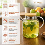 Wilmax Teekanne 1600 ml mit Federfilter und Bambusdeckel Transparent Thermoglas – Anwendungs- oder Detailansicht; Lieferumfang: 1 Stück