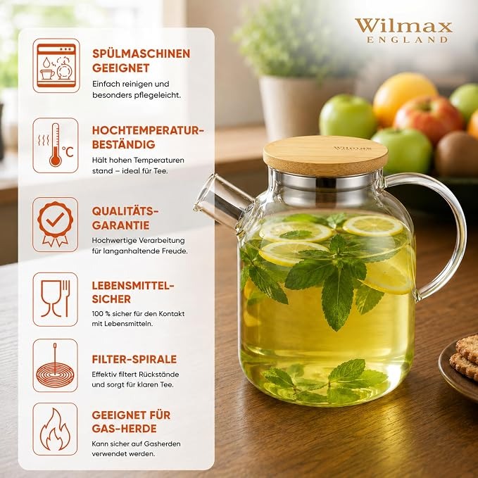 Wilmax Teekanne 1600 ml mit Federfilter und Bambusdeckel Transparent Thermoglas – Anwendungs- oder Detailansicht; Lieferumfang: 1 Stück