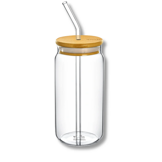 Wilmax Glasbecher 500 ml mit Deckel und Trinkhalm Transparent – Produktansicht; Lieferumfang: 1 Stück